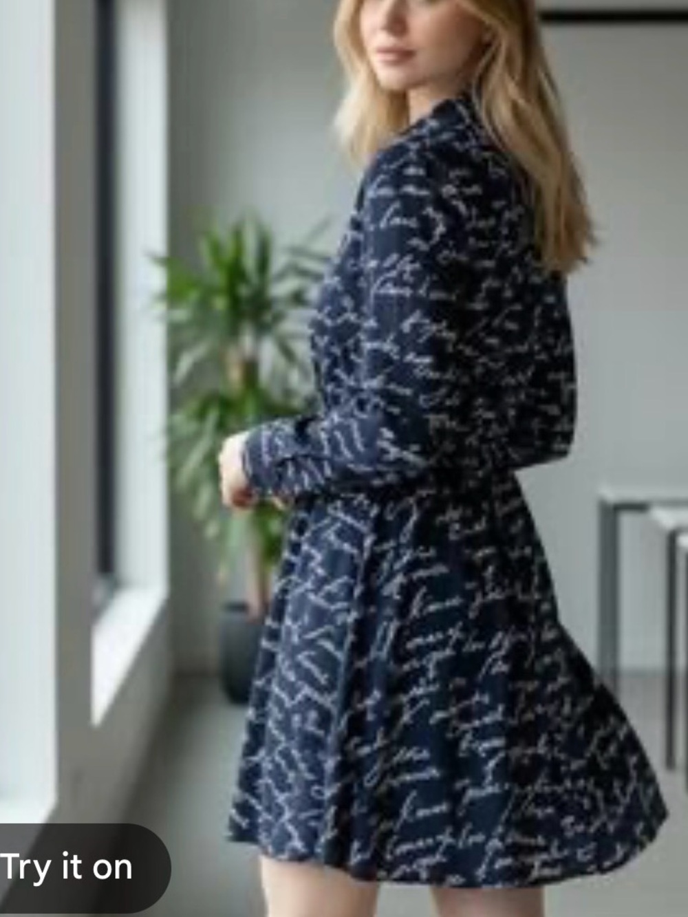 Joie Navy and White Script Long-Sleeve Fit-and-Flare Dress